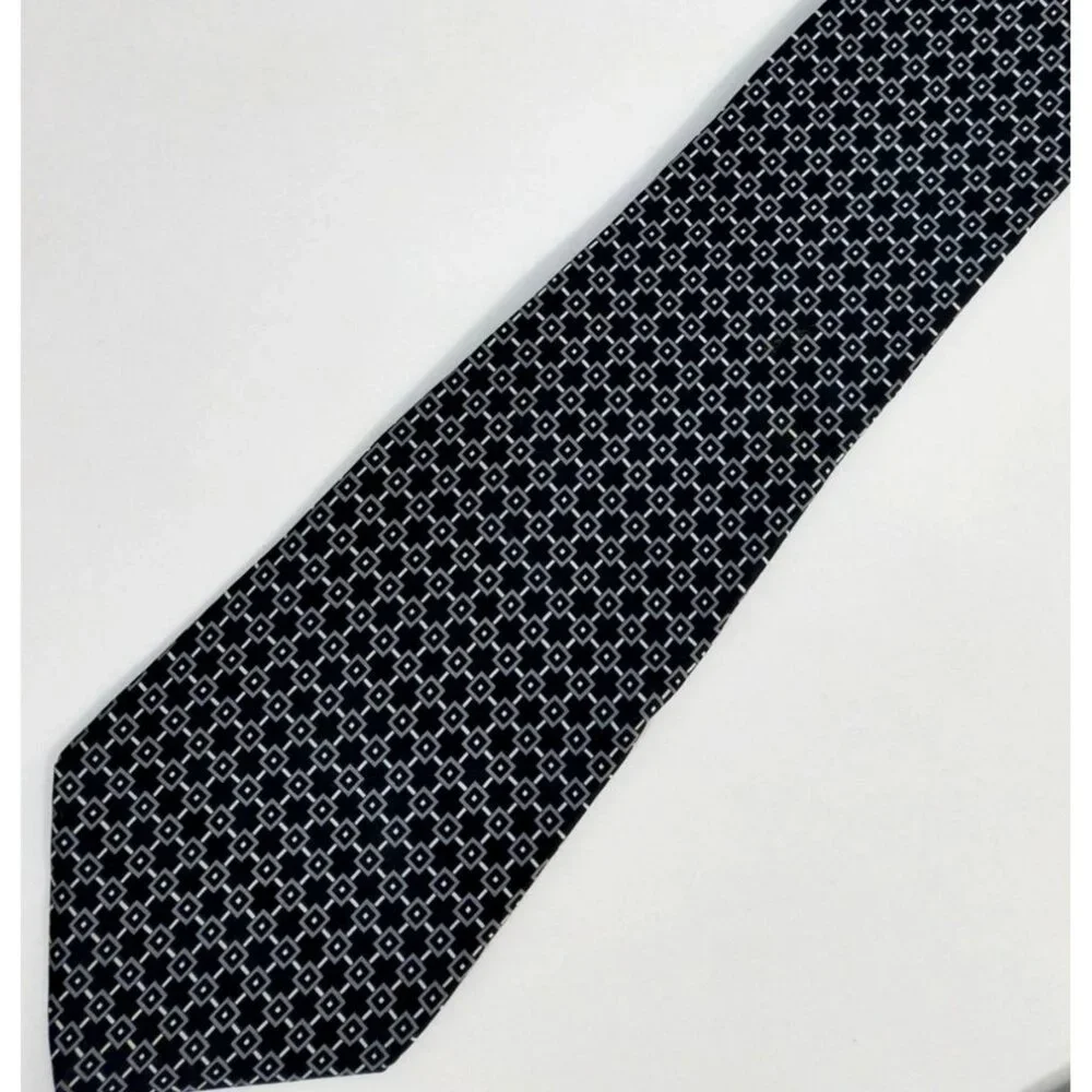 Villa Bugatti Mens Tie Navy Blue Geometric Checks 100% Silk 4